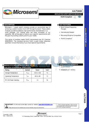 GG71010-01 datasheet - REFLECTIVE SPST SWITCH MODULES