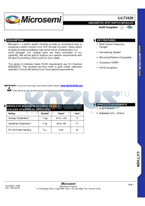 GG71020-02 datasheet - ABSORBTIVE SPST SWITCH MODULES