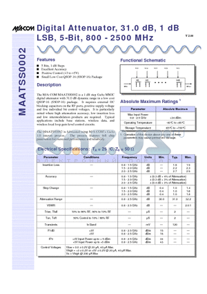 MAATSS0002 datasheet - Digital Attenuator, 31.0 dB, 1 dB LSB, 5-Bit, 800 - 2500 MHz