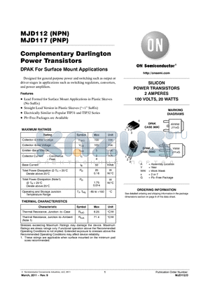 MJD117T4G datasheet - Complementary Darlington Power Transistors