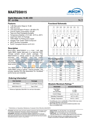 MAATSS0015TR datasheet - Digital Attenuator, 15 dB, 4-Bit DC - 2.0 GHz