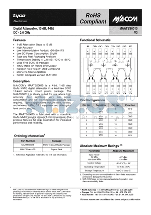 MAATSS0015 datasheet - Digital Attenuator, 15 dB, 4-Bit DC - 2.0 GHz