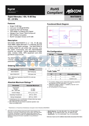 MAATSS0018 datasheet - Digital Attenuator, 1-Bit, 10 dB Step DC - 2.0 GHz