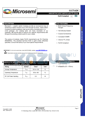 GG71420-02 datasheet - ABSORPTIVE SPST SWITCH with TTL Driver