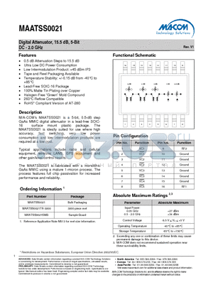 MAATSS0021TR-3000 datasheet - Digital Attenuator, 15.5 dB, 5-Bit DC - 2.0 GHz