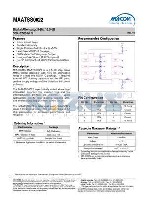 MAATSS0022SMB datasheet - Digital Attenuator, 5-Bit, 15.5 dB 500 - 2500 MHz