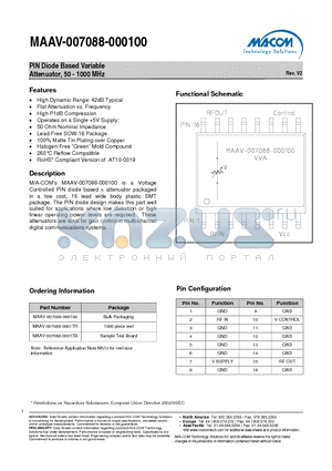 MAAV-007088-0001TR datasheet - PIN Diode Based Variable Attenuator, 50 - 1000 MHz