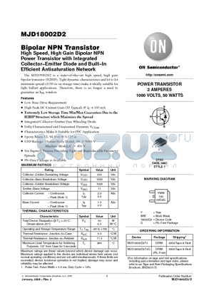 MJD18002D2T4 datasheet - POWER TRANSISTOR 2 AMPERES 1000 VOLTS, 50 WATTS Bipolar NPN Transistor