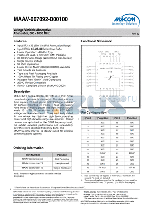 MAAV-007092-0001TR datasheet - Voltage Variable Absorptive Attenuator, 800 - 1000 MHz
