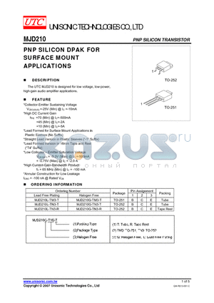 MJD210 datasheet - PNP SILICON DPAK FOR SURFACE MOUNT APPLICATIONS