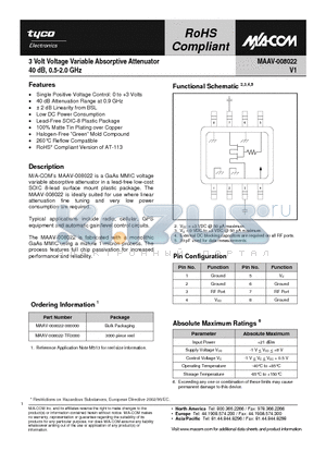 MAAV-008022 datasheet - 3 Volt Voltage Variable Absorptive Attenuator 40 dB, 0.5-2.0 GHz