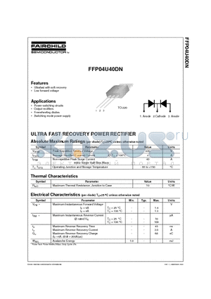 FFP04U40DN datasheet - ULTRA FAST RECOVERY POWER RECTIFIER