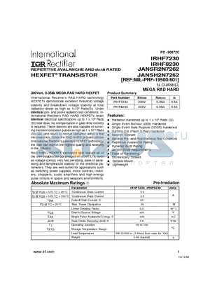 JANSH2N7262 datasheet - REPETITIVE AVALANCHE AND dv/dt RATED HEXFET TRANSISTOR