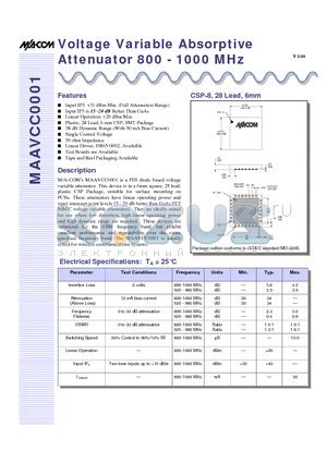 MAAVCC0001 datasheet - Voltage Variable Absorptive Attenuator 800 - 1000 MHz