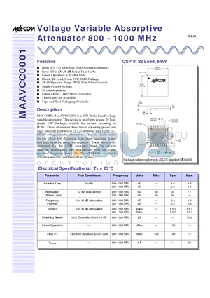 MAAVCC0001-TB datasheet - Voltage Variable Absorptive Attenuator 800 - 1000 MHz