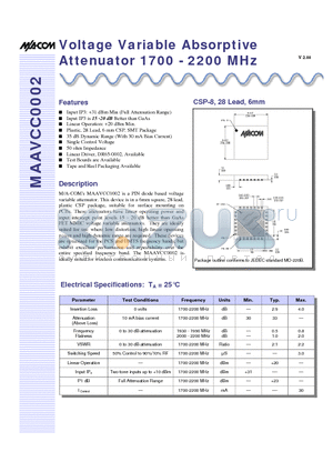 MAAVCC0002 datasheet - Voltage Variable Absorptive Attenuator 1700 - 2200 MHz