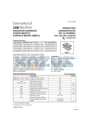 JANSH2N7467U2 datasheet - RADIATION HARDENED POWER MOSFET