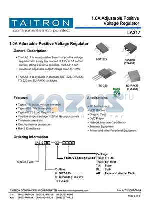 LA317 datasheet - 1.0A Adustable Positive Voltage Regulator