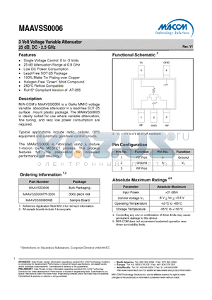 MAAVSS0006 datasheet - 3 Volt Voltage Variable Attenuator 25 dB, DC - 2.5 GHz