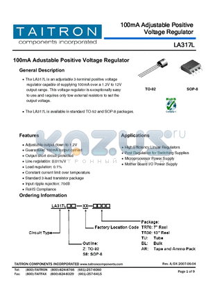 LA317LS8-XX-BL datasheet - 100mA Adustable Positive Voltage Regulator