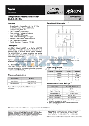 MAAVSS0007 datasheet - Voltage Variable Absorptive Attenuator 40 dB, 0.5-3.0 GHz