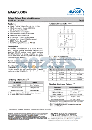 MAAVSS0007SMB datasheet - Voltage Variable Absorptive Attenuator 40 dB, 0.5 - 3.0 GHz