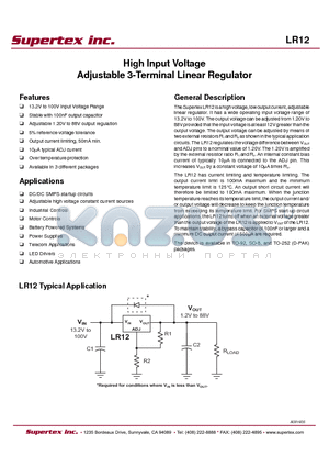 LR12K4 datasheet - High Input Voltage Adjustable 3-Terminal Linear Regulator