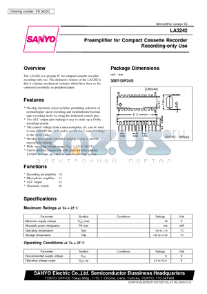 LA3242 datasheet - Preamplifier for Compact Cassette Recorder Recording-only Use