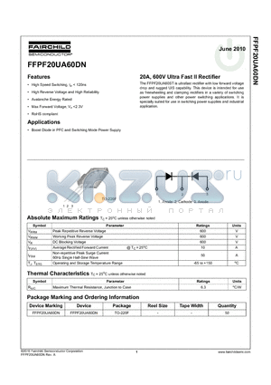 FFPF20UA60DN datasheet - 20A, 600V Ultra Fast II Rectifier