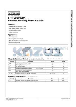 FFPF20UP30DN datasheet - Ultrafast Recovery Power Rectifier