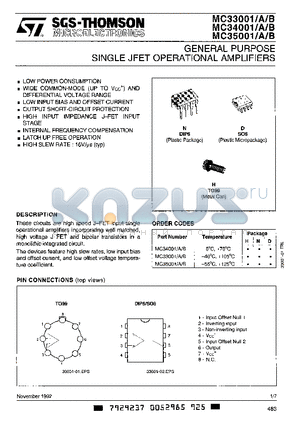 MC33001BN datasheet - GENERAL PURPOSE SINGLE JEFT OPERATIONAL AMPLIFIERS