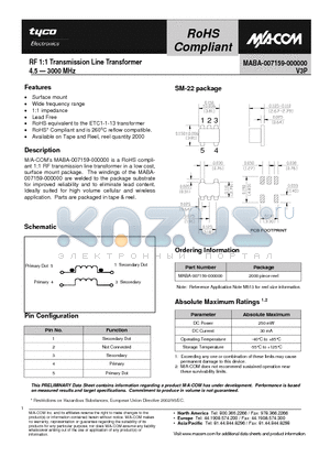 MABA-007159-000000 datasheet - RF 1:1 Transmission Line Transformer 4.5 - 3000 MHz