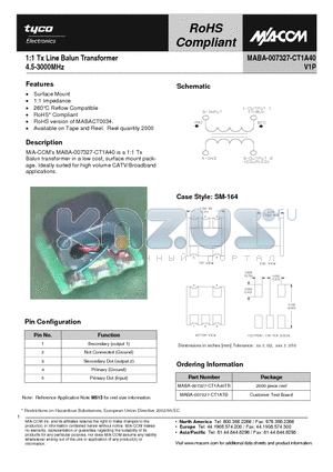 MABA-007327-CT1A40TR datasheet - 1:1 Tx Line Balun Transformer 4.5-3000MHz