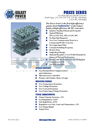 GHPC2V530PET002L datasheet - Very High Efficiency DC/DC Converter 24/48V Input, 1.5V, 1.8V, 2.0V, 2.5V, 3.3V DC, 30A Output or 5.0V DC, 20A Output