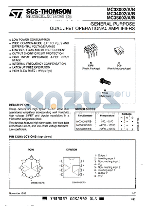 MC33002D datasheet - GENERAL PURPOSE DUAL JEFT OPERATIONAL AMPLIFIERS