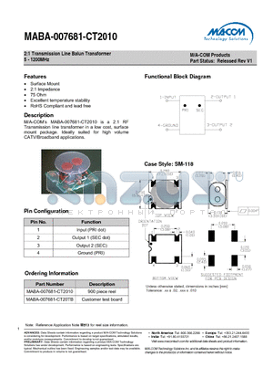 MABA-007681-CT20TB datasheet - 2:1 Transmission Line Balun Transformer 5 - 1200MHz