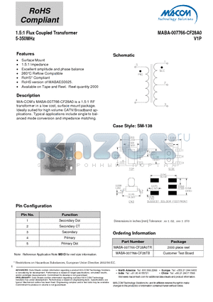 MABA-007766-CF28TB datasheet - 1.5:1 Flux Coupled Transformer 5-350MHz