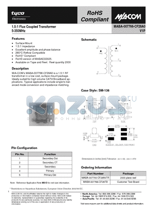 MABA-007766-CF28TB datasheet - 1.5:1 Flux Coupled Transformer 5-350MHz