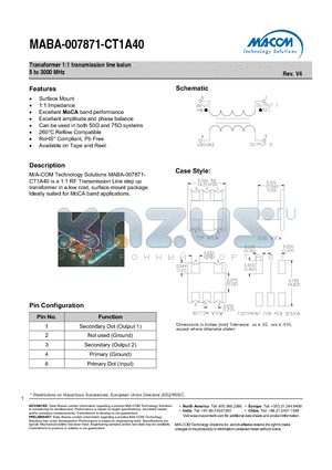 MABA-007871-CT1A40 datasheet - Transformer 1:1 transmission line balun