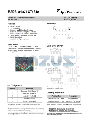 MABA-007871-CT1ATB datasheet - Transformer 1:1 transmission line balun 5 to 3000 MHz