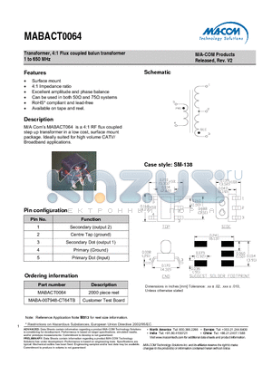 MABA-007948-CT64TB datasheet - Transformer, 4:1 Flux coupled balun transformer 1 to 650 MHz