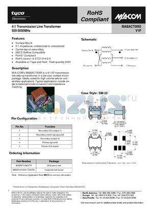 MABA-007949-CT65TB datasheet - 4:1 Transmission Line Transformer 500-3000MHz