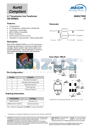 MABA-007949-CT65TB datasheet - 4:1 Transmission Line Transformer 500-3000MHz