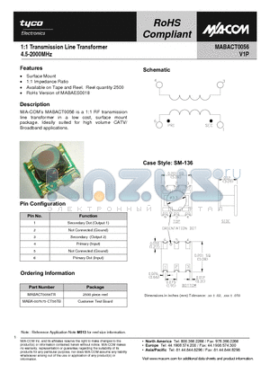 MABA-007975-CT56TB datasheet - 1:1 Transmission Line Transformer 4.5-2000MHz