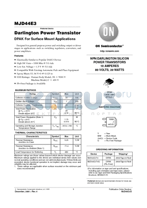 MJD44E3 datasheet - Darlington Power Transistor DPAK For Surface Mount Applications 10 AMPERES 80 VOLTS, 20 WATTS