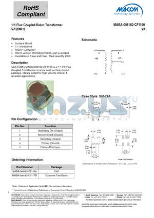 MABA-008182-CF1160 datasheet - 1:1 Flux Coupled Balun Transformer 5-120MHz