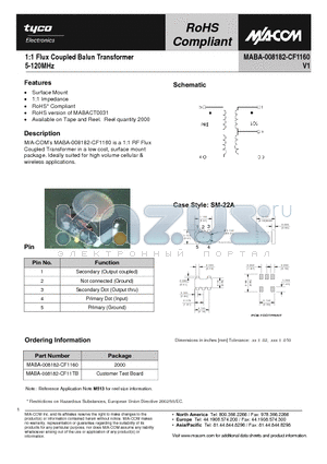 MABA-008182-CF11TB datasheet - 1:1 Flux Coupled Balun Transformer 5-120MHz