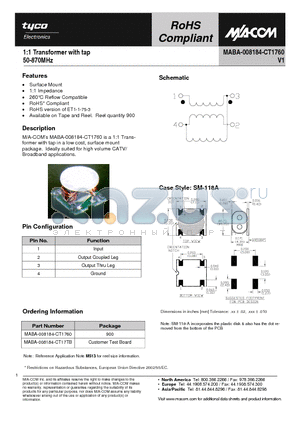 MABA-008184-CT1760 datasheet - 1:1 Transformer with tap 50-870MHz