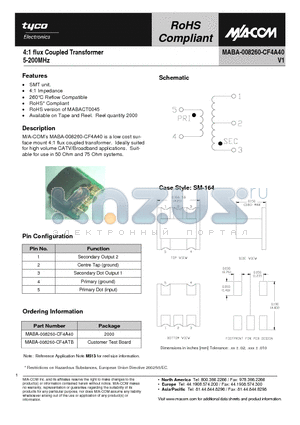 MABA-008260-CF4ATB datasheet - 4:1 flux Coupled Transformer 5-200MHz