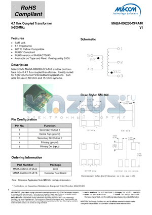 MABA-008260-CF4ATB datasheet - 4:1 flux Coupled Transformer 5-200MHz